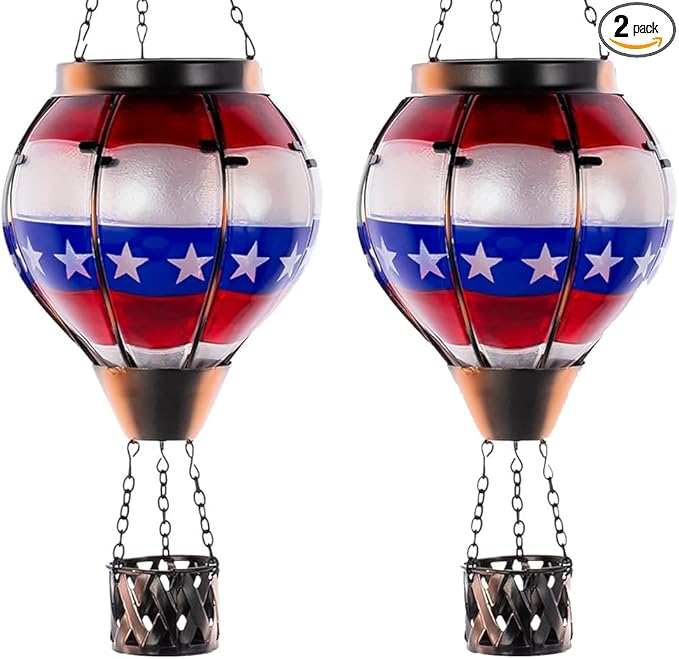 DREAMSOUL 2 PCS Flag Solar Hot Air Balloon Lantern with Flame, Hanging Waterproof Solar Lanterns Outdoor Waterproof Flag Day for Patio Garden Decor, Fourth of July Decorations
