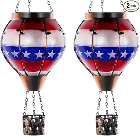 DREAMSOUL 2 PCS Flag Solar Hot Air Balloon Lantern with Flame, Hanging Waterproof Solar Lanterns Outdoor Waterproof Flag Day for Patio Garden Decor, Fourth of July Decorations