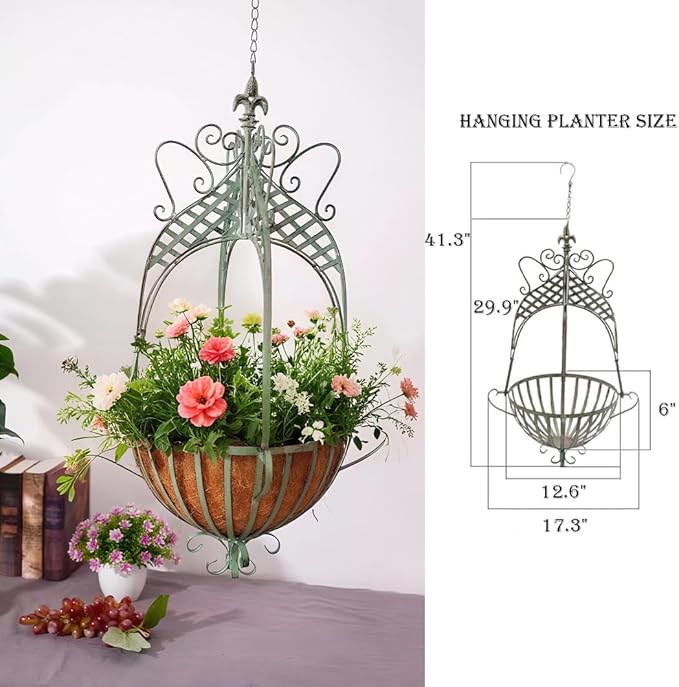 Large Hanging Planter for Outdoor Indoor Plants, 12.6-Inch Rustic Metal Hanging Basket for Farmhouse, Patio,Porch,Deck, or Garden, Green