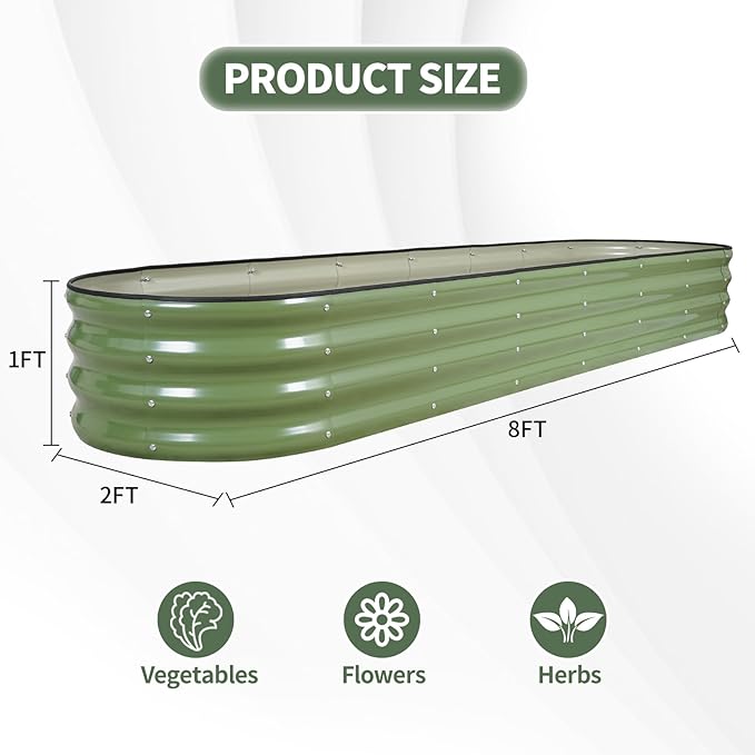 1MORE Galvanized Raised Garden Bed- Planter Garden Boxes Outdoor, Raised Beds for Gardening,Metal Garden Bed Kit for Vegetables Flower, Planter Raised Beds.8x2x1ft Green-1pcs