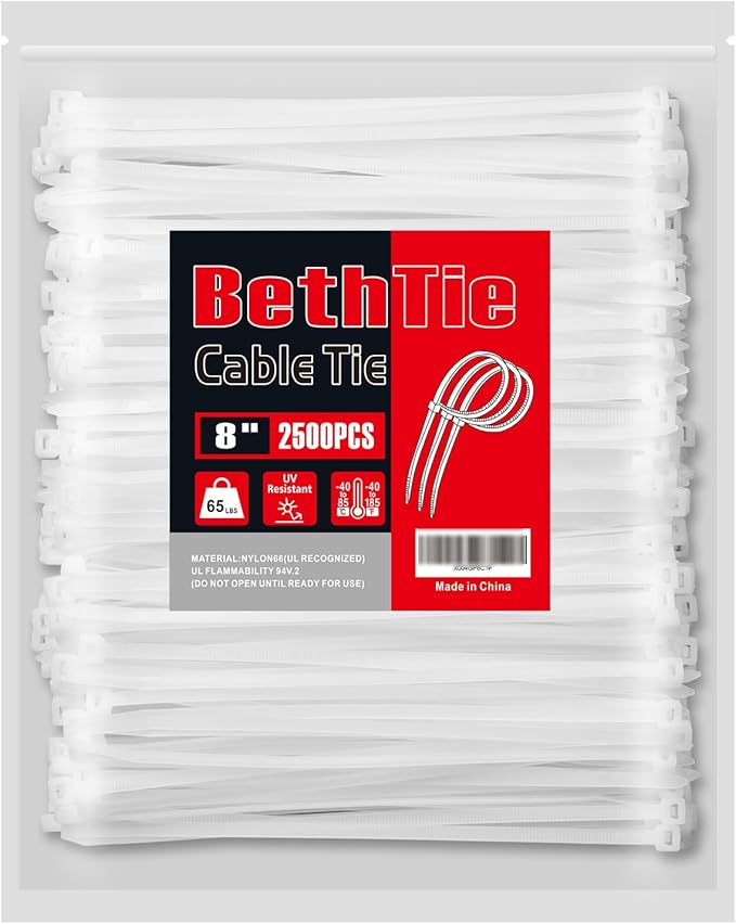 BethTie White 8 Inch Zip Ties (2500 Pack), 65 LBS Tensile Strength, Self-Locking Nylon PA66 UV Resistant Cable Ties for Indoor and Outdoor Use