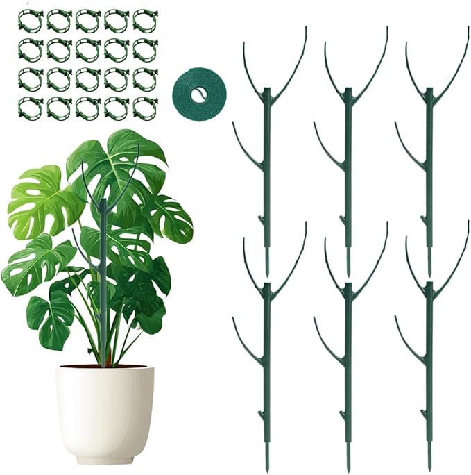 MAZUBOHOY 6 Pack Monstera Plant Support, 43inch Stackable Plant Stakes with 20Pcs Clips & 1Pcs Ties, Alternative to Moss Pole Plants Sticks Structures for Climbing Indoor Outdoor Potted Plants