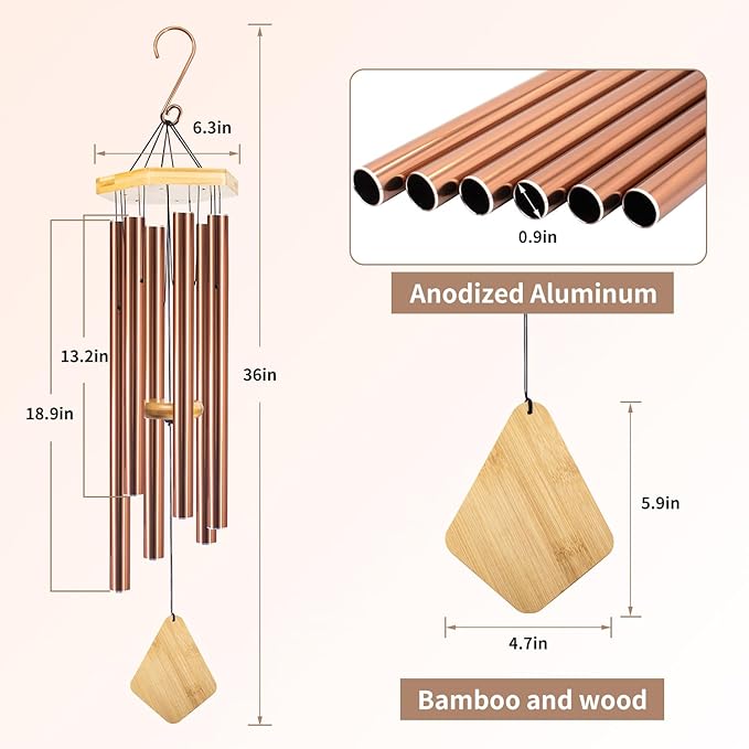 Howarmer Wind Chimes Outdoor Deep Tone, Wind Chime for Outside, Memorial WindChimes with Hook as Gifts for Mother's Day/Housewarming/Christmas, Patio, Garden, Yard, Home Décor, Copper