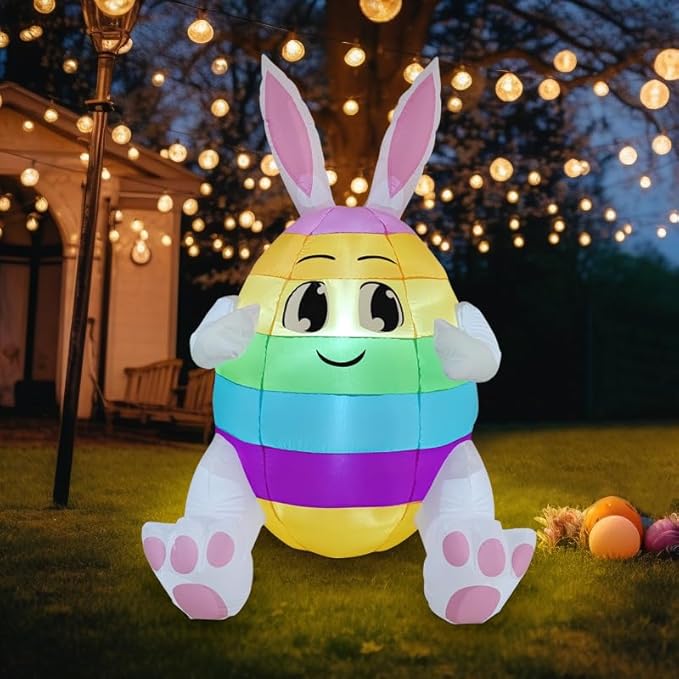 5FT Lighted Easter Inflatable Colorful Egg with Bunny Ears - Blow Up Outdoor Yard Decor for Lawn, Garden & Holiday Party