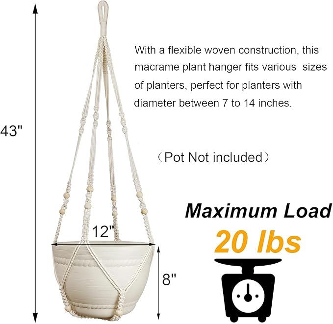 43 Inches Macrame Plant Hangers Large for up to 12 inch Pot Extra Long with Heavy Duty Swag Hooks No Tassel Cotton Rope Hanging Plant Holders (Beige, 2 Pack)