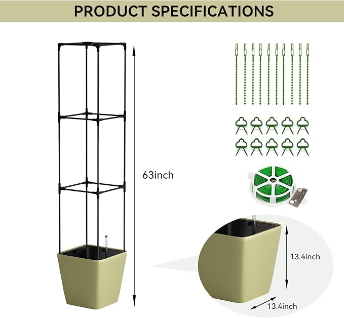 SUNYRISY Self Watering Planter Box with Plant Cage, Raised Garden Bed with Wheels and Tomato Cage for Climbing Plants Vegetable Vine Flowers Outdoor Patio