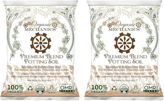 Organic Mechanics Premium Blend Potting Soil, 8 qt (Pack of 2) - Moisture-Retentive, Peat-Free, Compost - Enriched Mix with Worm Castings & Perlite for Houseplants, Annuals, Veggies & Tropical Plants