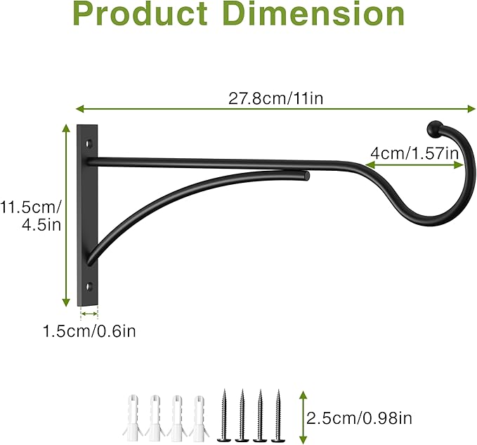 11 Inch 2 Pack Outdoor Plant Hanging Hooks for Wall:Metal Bracket for Hanging Baskets, Bird Feeders, Wind Chimes, Flower Baskets, Yoga Mat, Lanterns, Black