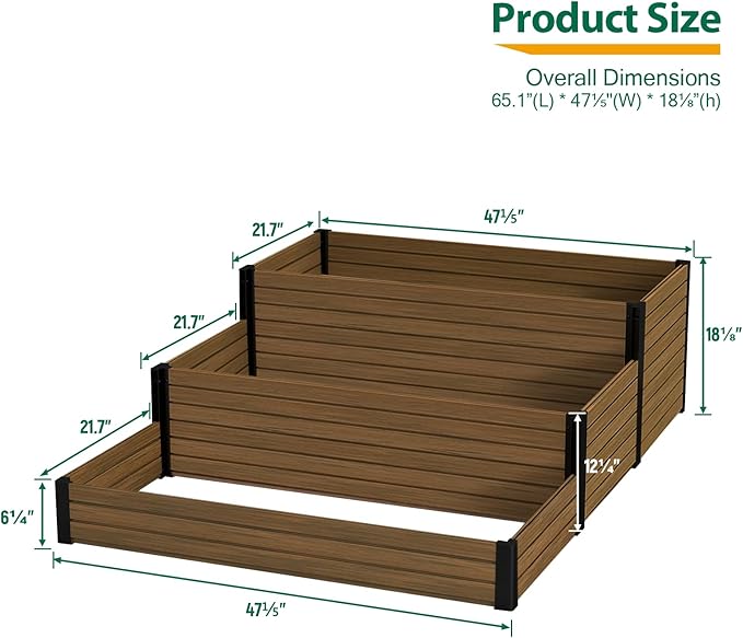 Elevated Wooden Raised Garden Planter - 3-Tier Outdoor Flower & Vegetable Box for Patio, Backyard, or Garden - Durable, Weather-Resistant Design - 47.2" x 21.7" x 18.1" (Brown)