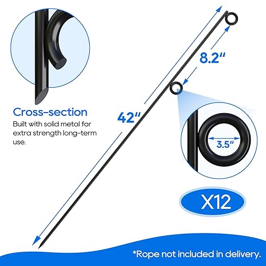 12 Packs 42" Tall Metal Rope Stakes with Pointed Ends Black Powder-Coated Garden Border Poles for Rope ≤3.5" Fencing Around Flower BedsTrees Paths Walkways