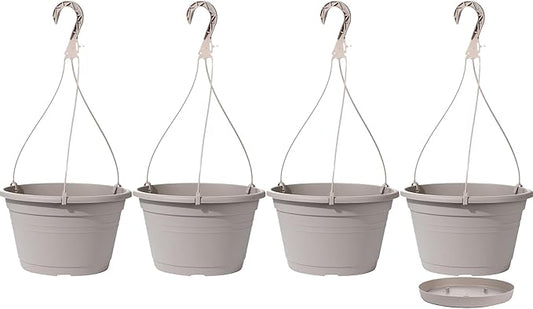 VIDELLY 4 Pcs Hanging Planters,10" Hanging Pots Plastic Hanging Flower Plant Basket Pots with Drainage Trays & Chain Holder for Outdoor Indoor Plants Garden Balcony Decoration, Light Gray