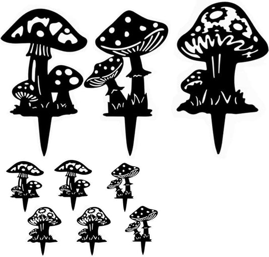 Decorative Mushroom Garden Stakes, Black Garden Mushroom Tale Mushroom Garden Stakes Metal Silhouette Art Gift for Christmas, Thanksgiving Day and Mother (9Pack A)