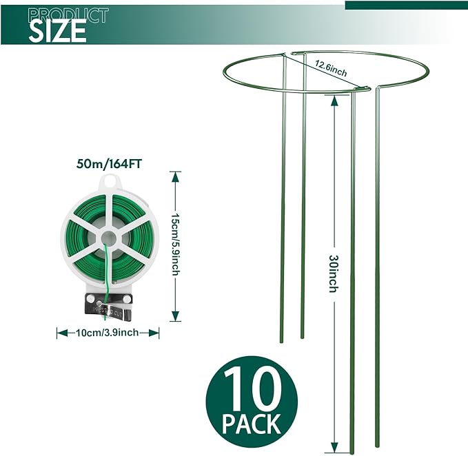 LKSSZS 10 Pack 30 Inch Plant Support Stakes, Heavy-Duty Half Round Peony Support Ring Cage, Metal Garden Plant Stakes for Outdoor Plants - Peony, Tomato, Hydrangea with Cuttable Plant Ties