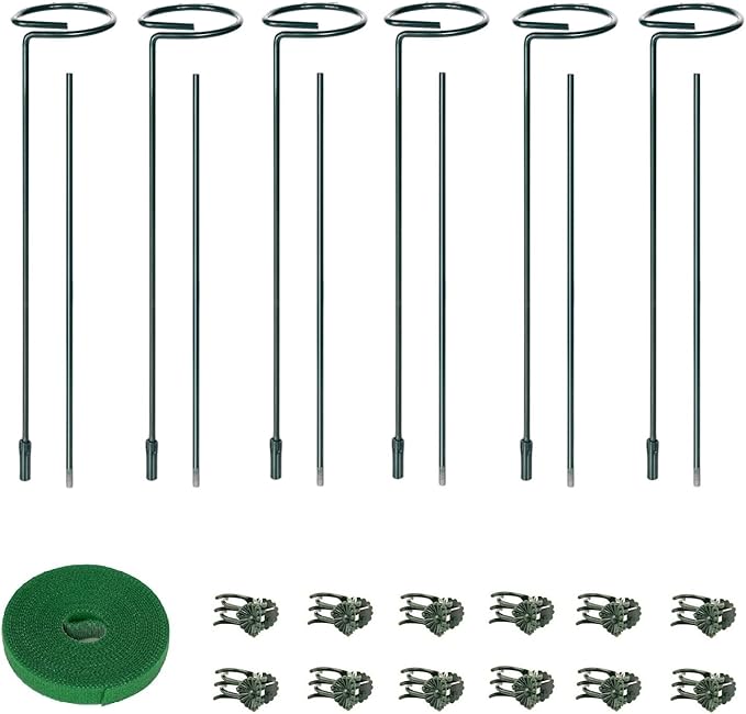 6 Packs Plant Support Sticks for Indoor Plants, Two Sizes (12 or 24 Inches) Orchid Stick and Clip, 0.18 inch Thicker Support Stake with Plant Ties and 12 Pcs Plant Clips for Flowers