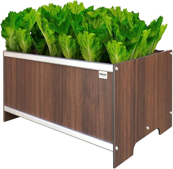 Foreman Raised Garden Bed 10 Year Warranty 36”Lx24”Wx14”H Premium Plastic Wood Grain Aluminum Frame Elevated Planter Box for Backyard Patio Balcony, Tosca