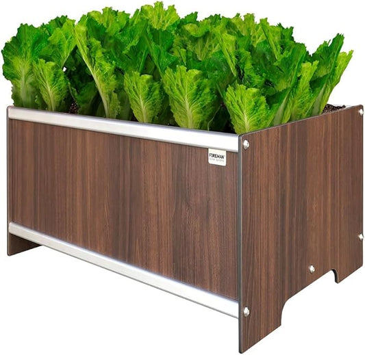 Foreman Raised Garden Bed 10 Year Warranty 36”Lx24”Wx14”H Premium Plastic Wood Grain Aluminum Frame Elevated Planter Box for Backyard Patio Balcony, Tosca