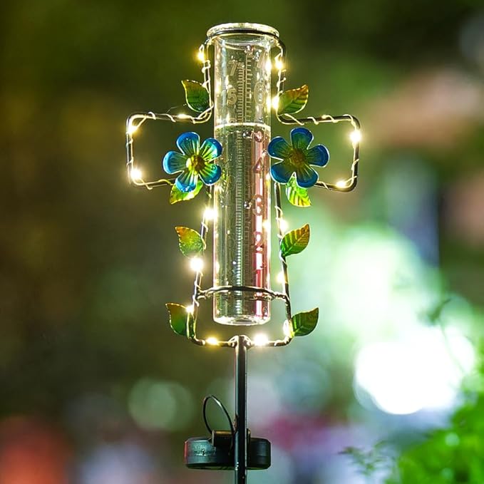 Solar Rain Gauge Outdoor with LED Lights,7” Glass Tube Rain Gauge Yard Decorative,Cross Rain Guage Freeze Proof for Garden Patio Lawn