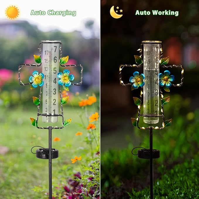 Solar Rain Gauge Outdoor with LED Lights,7” Glass Tube Rain Gauge Yard Decorative,Cross Rain Guage Freeze Proof for Garden Patio Lawn