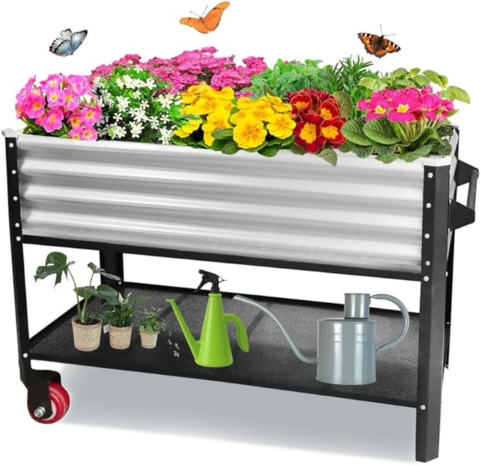 Elevated Metal Raised Garden Bed, Large Outdoor Metal Planter Box Big Flower Plant Pot for Planting Flowers Vegetables and Herbs (Silver, Medium)