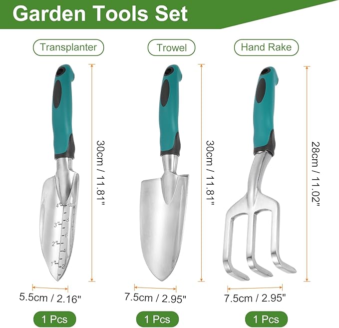 HARFINGTON 3pcs Garden Tools Set Metal Garden Hand Shovels and Hand Rake Tools Kit for Gardening Planting Weeding, Blue