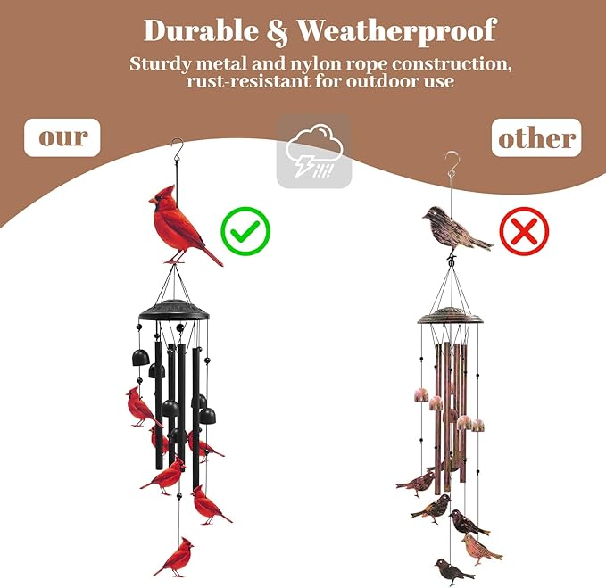 Cardinal Wind Chimes for Outside, Black Metal Windchimes Outdoors, Cardinals Gifts for Women/Men, Garden/Yard Decor, Memorial/Birthday Gifts for Grandma/Mom, Durable Chimes for Outdoors