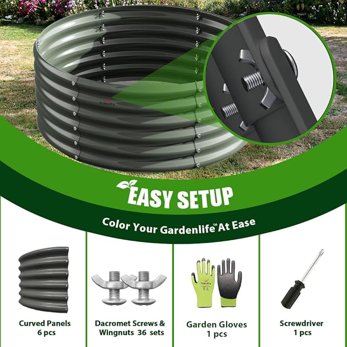A ANLEOLIFE 6-Packs 4ft x 18” Tall Round Galvanized Raised Garden Beds Outdoor for Planting Vegetables Flowers Herb, Quartz Grey