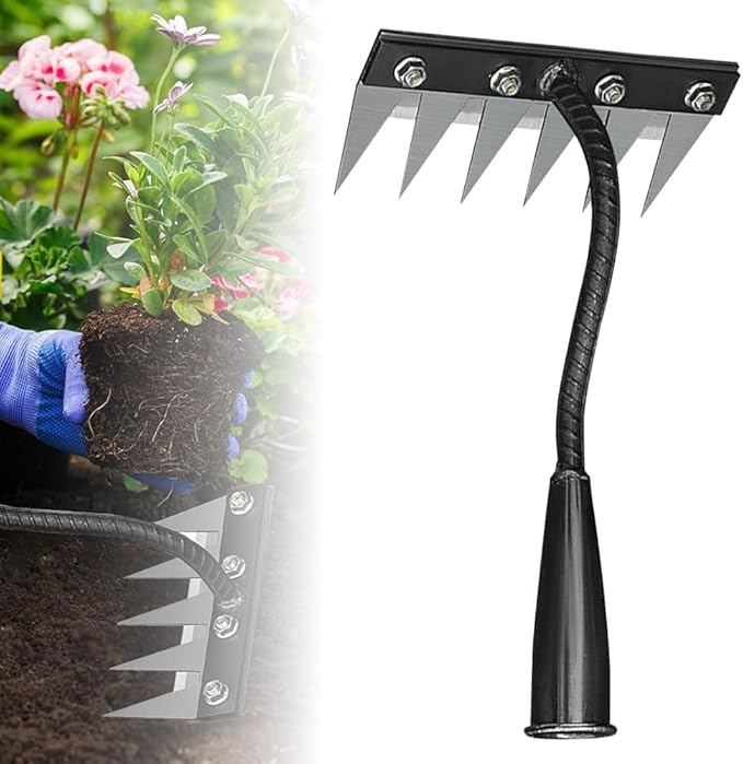 2025 New Iron Weeding Rake 2.0, 5/6/7/8 Teeth Carbon Steel Garden Weeding Rakes, Iron Rake for Gardening and Weeding, Heavy-Duty Garden Weed Puller Tool for Lawn Yard Garden Farm (6Teeth)