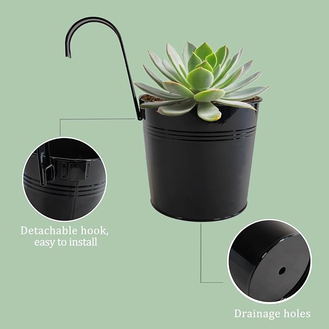 6 Pcs Black Railing Planter, 6 Inch Metal Hanging Planters for Outside Balcony Rails Fence with Detachable Hooks, Flower Pots Outside for Garden Patio (Black, Pack of 6)