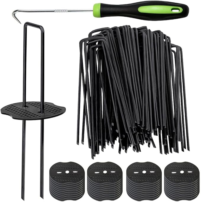 Bakulyor 200pcs Black Landscape Staples + 200pcs Buffer Washer, 6 Inch 11 Gauge Garden Stakes Staples, U Shaped Galvanized Lawn Pins Heavy Duty Yard Ground Pin for Weed Barrier Sod Fabric Decorations