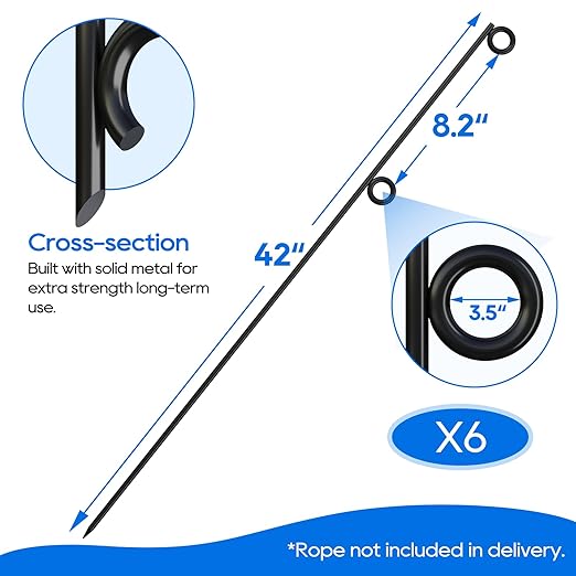 6 Packs 42" Tall Metal Rope Stakes with Pointed Ends Black Powder-Coated Garden Border Poles for Rope ≤3.5" Fencing Around Flower BedsTrees Paths Walkways