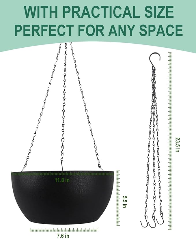 vensovo 12 Inch Large Hanging Planters for Outdoor Plants - 2 Pcs Plastic Hang Planter Flower Pot Baskets with Drainage Holes and Chain, Plant Pots for Home Garden Decor, Black