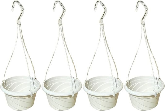 VIDELLY 4 Pieces Plastic Hanging Planters, 5.9 in Dia x 3.54 in H, Small Flower Plant Basket Pots Chain Holder Garden Decoration for Indoor and Outdoor Use, Beige White