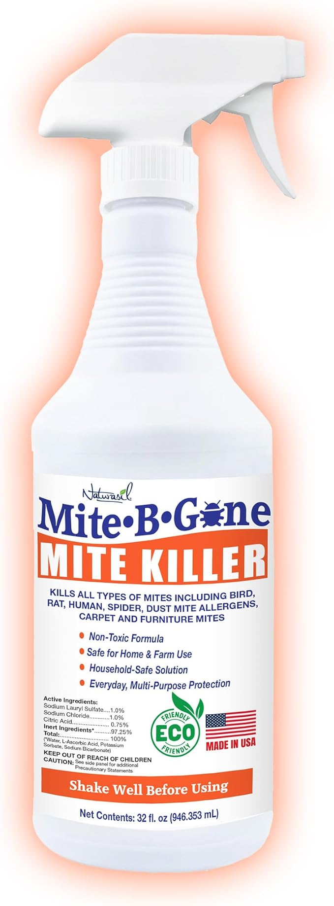 Mite Killer Spray by Mite-B-Gone - 32oz | Plant-Based Treatment for Human, Dust, Chicken, Bird, Carpet & Rat Mites in Homes, Furniture & Bedding | Farm, Family & Pet Safe