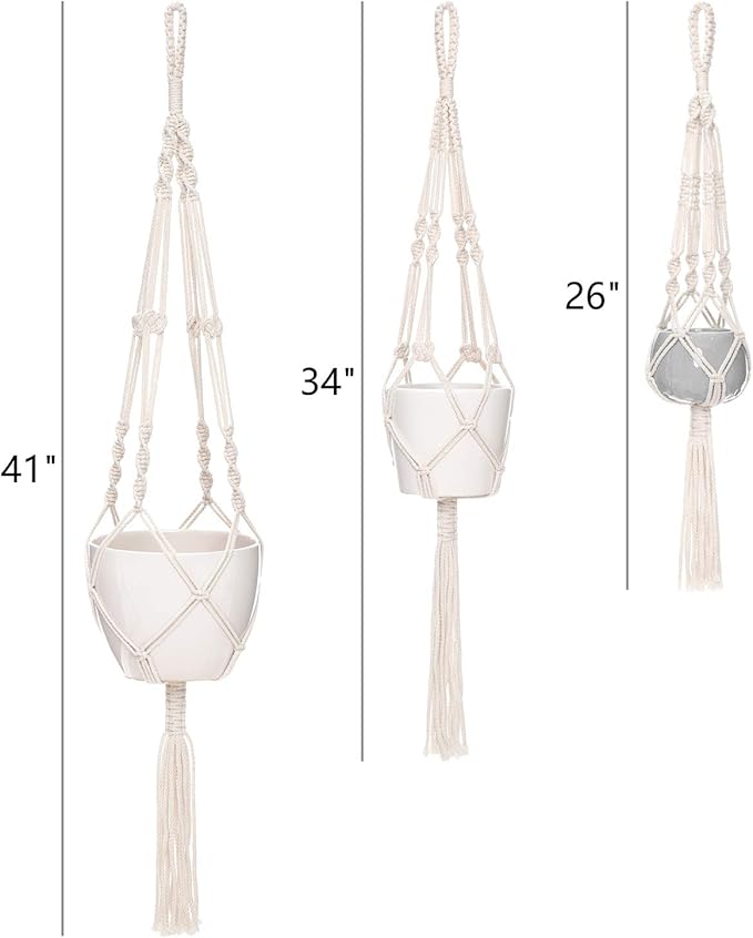 Mkono 3 Pack Macrame Plant Hangers, Different Sizes Hanging Planters Indoor Basket Decorative Flower Pots Holder Stand Boho Home Decor, Ivory