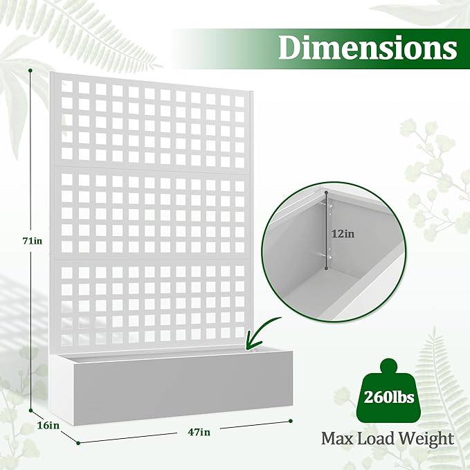 Metal Raised Garden Bed with Trellis, 2 in 1 Trellis with Planter Box & Privacy Screen for Climbing Plants, Vine, Outdoor Standing Flower Beds with Drainage Holes, 47.2" L x 16.7" W x 70.8" H, White