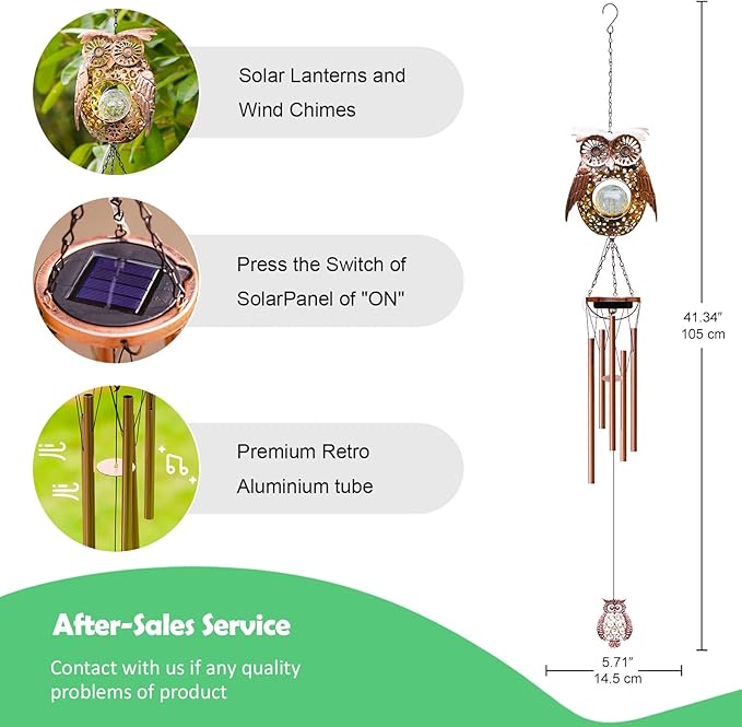 Wind Chimes Outdoor Indoor Decor: Valentines Day Gifts for Her Wife Women Mom Grandma Birthday - Outside Lights for Garden Yard Patio Porch (Owl)
