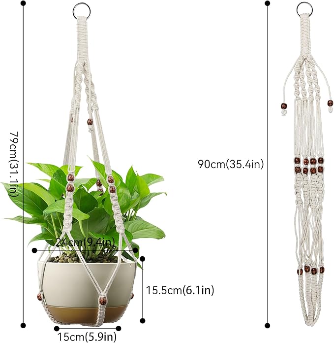 USLAI Macrame Plant Holder, 35 Inch, Up to 4-15 inch Pot, Heavy 20lb Planters, Extra Long Strong Hanging Planter Basket, Boho Home Decor, Red Bead, Set of 2 (POTS NOT Included)