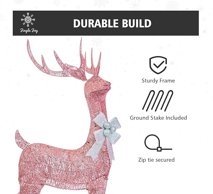 Jingle Joy 5ft Twinkle Lighted Outdoor Deer Set with LED Lights – 3-Piece Reindeer Family Decor for Yard Display – Weather-Resistant Holiday & Valentine's Day Decoration (Pink)