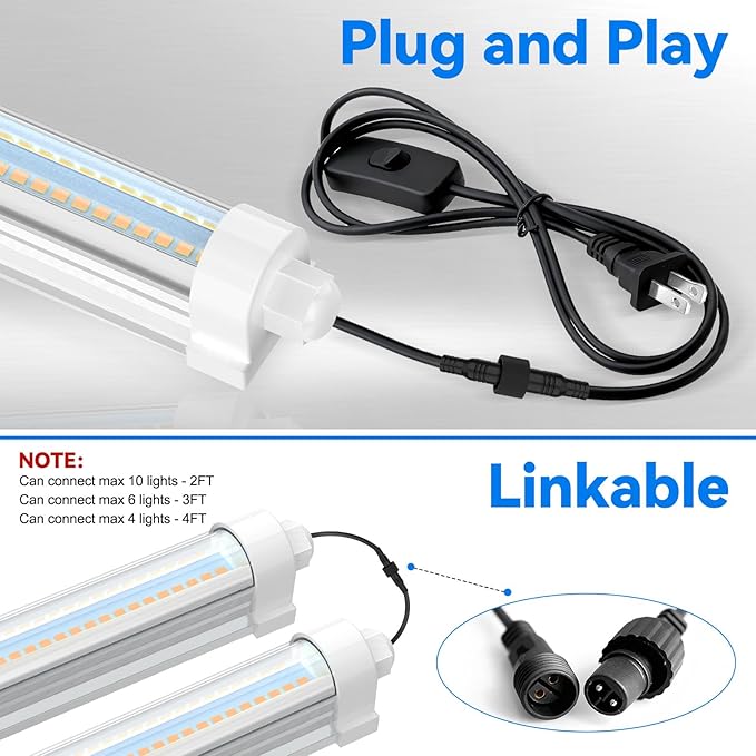 JESLED Waterproof Plant Grow Lights, 4FT Full Spectrum Grow Light, 96W(2 X 48W,600W Equiv), Linkable Led Grow Light Strip for Greenhouse, Plant Shelves, Plug and Play, Pinkish White, 2-Pack