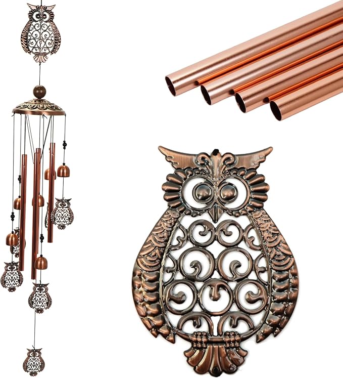 ArtCredit Copper Tone Animal Wind Chimes for Outdoors/Indoors - Owl Designs - Garden, Patio, Yard, Home Decor, for Women, Men, Mom, Birthday, Memorial, Housewarming (Owl)