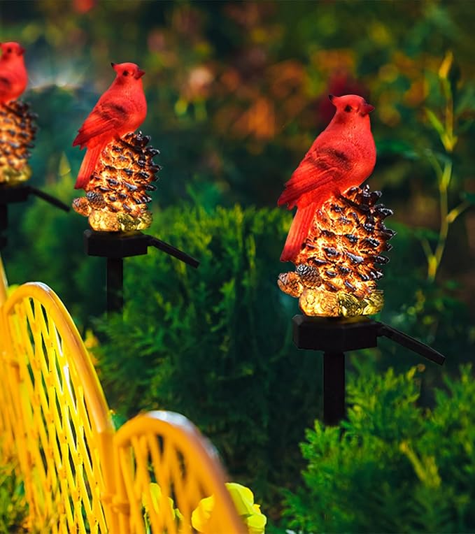 Cardinal Decor Solar Garden Decor Waterproof Red Bird Figurine Solar Stake Lights for Outside Yard Patio Lawn Porch Cemetery