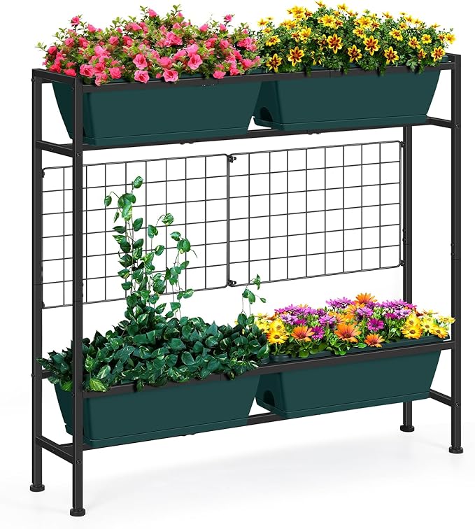 OYEAL Raised Garden Bed with Legs & & Trellis 32" Tall Vertical Herb Garden Planter Indoor Outdoor Elevated Flower Beds for Gardening, Vegetables, Herbs, Patio, Balcony, Backyard, Green