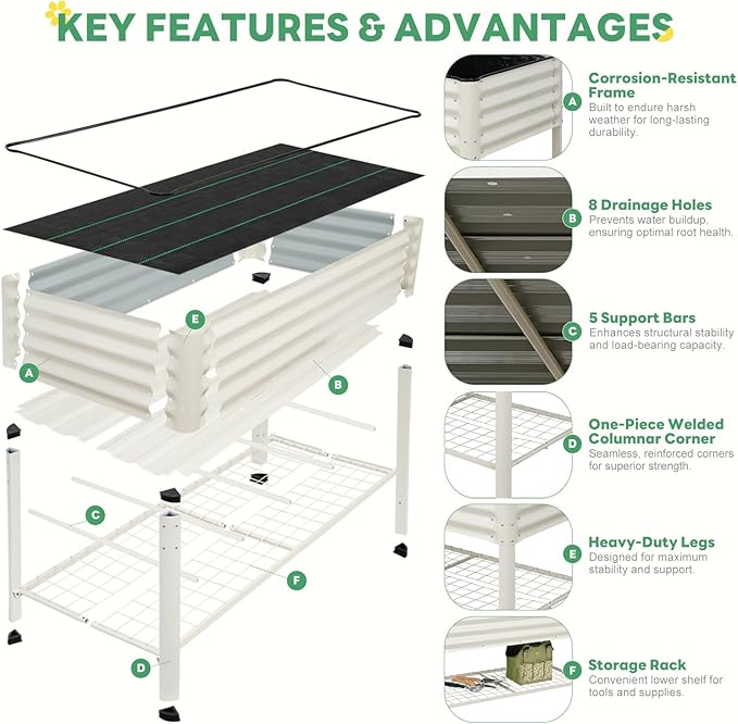 STBoo Elevated Raised Garden Bed with Legs and Wheels- 48''x24''x32'' Galvanized Metal Standing Planter Boxes Outdoor with Bottom Storage Shelf for Backyard, Patio, Balcony, Vegetables, Flowers, White