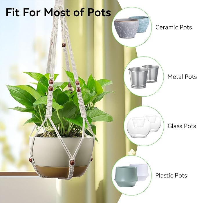 USLAI Macrame Plant Holder, 35 Inch, Up to 4-15 inch Pot, Heavy 20lb Planters, Extra Long Strong Hanging Planter Basket, Boho Home Decor, Red Bead, Set of 2 (POTS NOT Included)