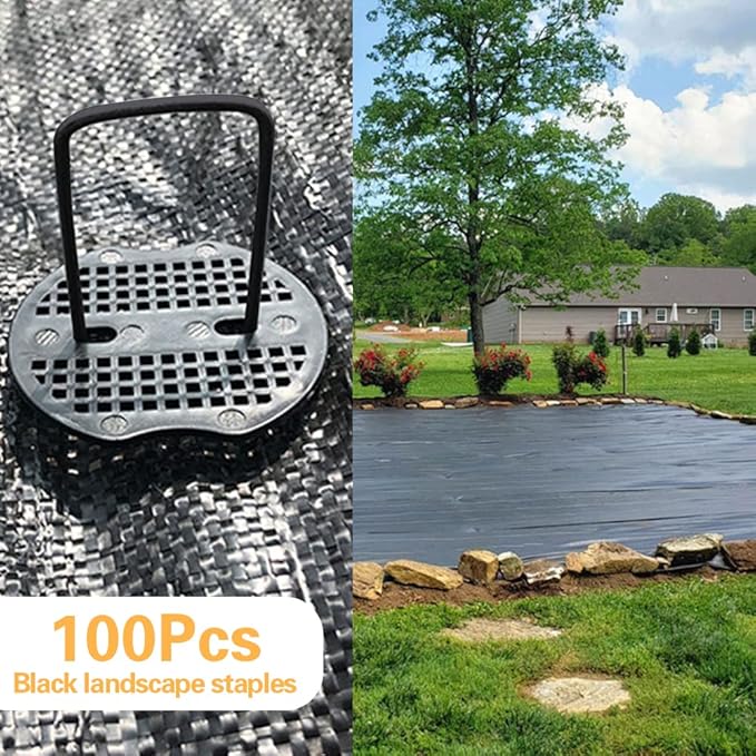 Bakulyor 100pcs Black Landscape Staples + 100pcs Buffer Washer, 6 Inch 11 Gauge Garden Stakes Staples, U Shaped Galvanized Lawn Pins Heavy Duty Yard Ground Pin for Weed Barrier Sod Fabric Decorations