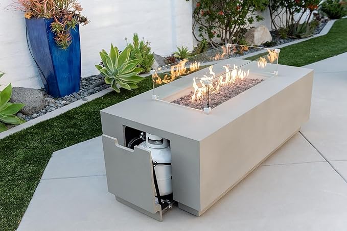 AMS Fireplace Sedona Fire Table Light Gray Liquid Propane Gas Pit Table for Outside Patio Bundle with Wind Guard, and SS Burner Lid | Free Rubber Mat & Ice Bucket