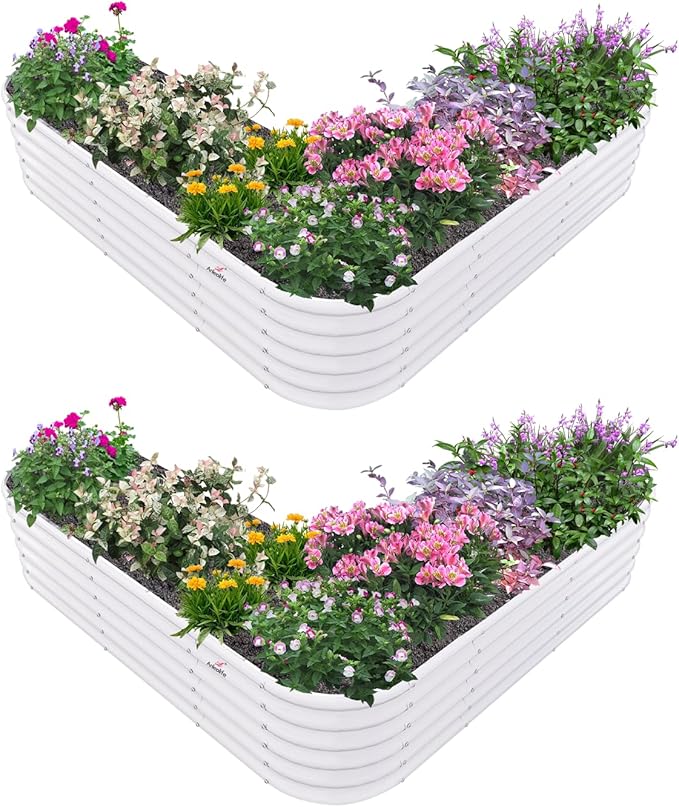 A ANLEOLIFE 2 Set Heart-Shaped Galvanized Raised Garden Beds Outdoor,81x81x18in Large Metal Planter Box for Planting Vegetables Flowers Herb, Anti-Rust & Easy-Setup, Antique White