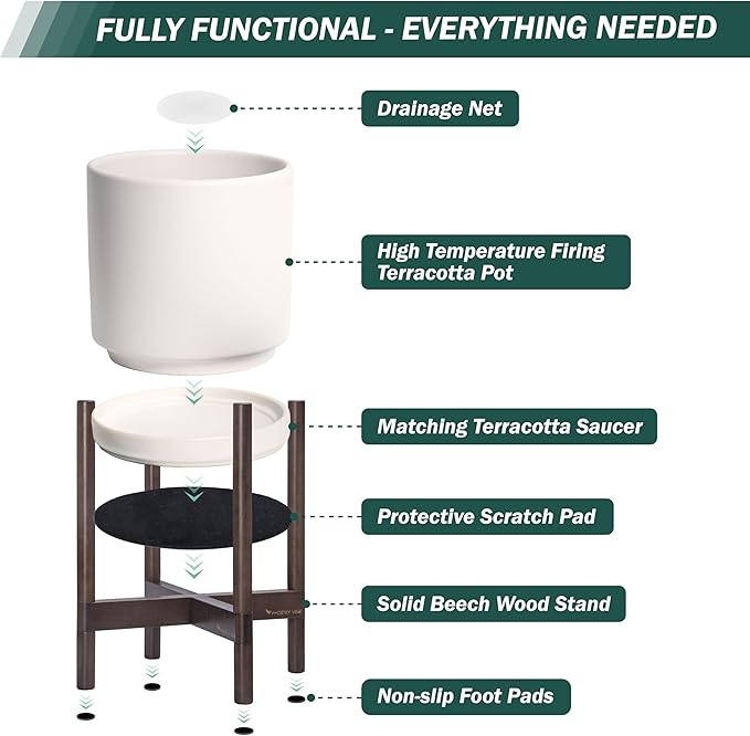 D'vine Dev Ceramic Planter with Walnut Color Stand - 14 Inch Modern Round Flower Pot with Wood Planter Holder, Oatmeal, 55-B-T-8
