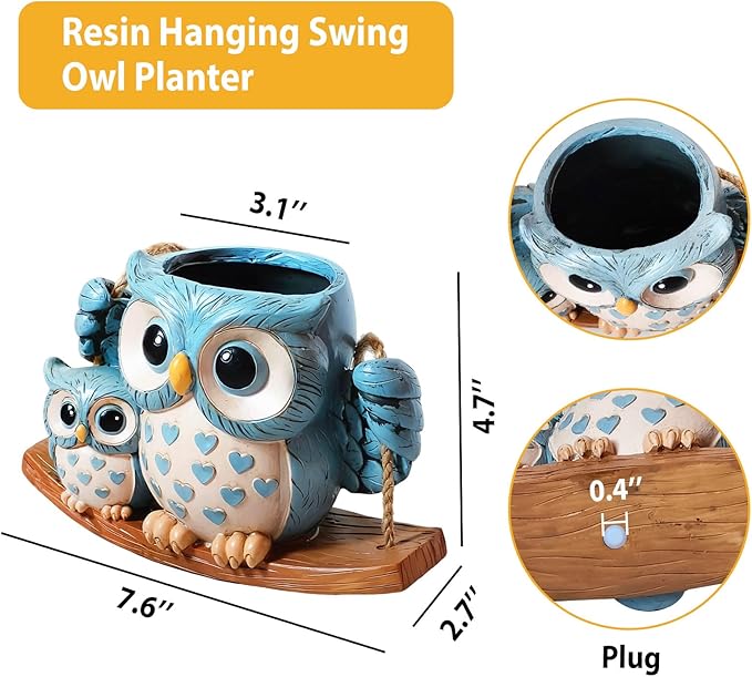 Swing Owl Hanging Planter for Indoor Plants, Cute Small Succulent Pot with Drainage Hole, Unique Resin Hanging Plant Hangers for Outdoor Decor, Plant Holder for String of Pearls, Gift Ideas for Mom