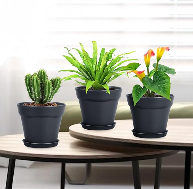 4 inch Small Plastic Nursery Pots, 16 Pack Plant Pots for Indoor Outdoor Plants, Flower Pots with Drainage Holes and Saucers, Decorative Seedling Starter Planters for House Plants, Black